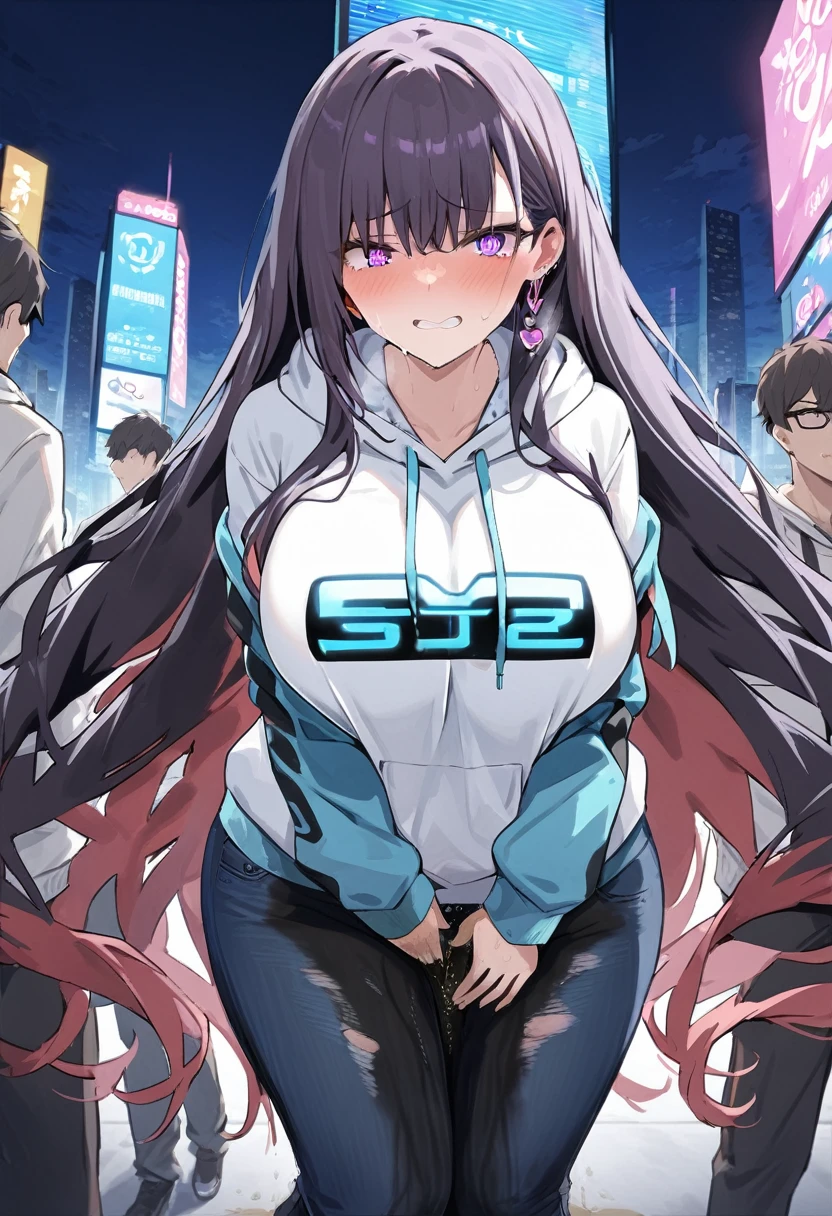 (1girl:1.5), (1boy:1.5), (masterpiece:1.37), best quality, (extremely detailed:1.37), woman, adult, mature, large breasts, (very long hair:1.5), dark purple hair, purple eyes, (extremely detailed eyes:1.37), white hoodie, multicolored hoodie, light blue hoodie, futuristic hoodie, jeans, (desperation:2.0), (wetting: self 3.0), standing, embarrassed, humiliation, blushing, angry, city, futuristic, neon lighting, high-tech, full body