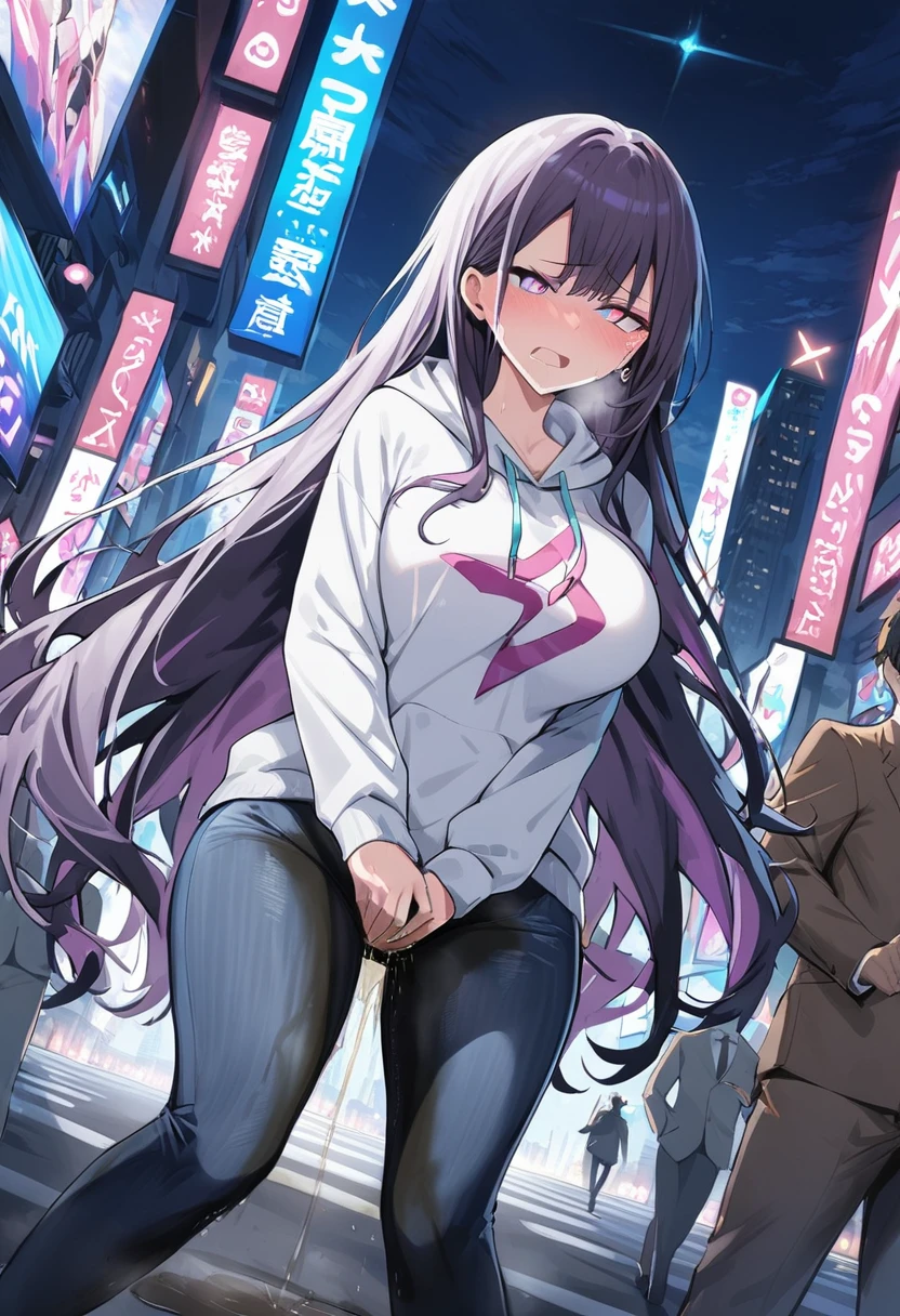 (1girl:1.5), (1boy:1.5), (masterpiece:1.37), best quality, (extremely detailed:1.37), woman, adult, mature, large breasts, (very long hair:1.5), dark purple hair, purple eyes, (extremely detailed eyes:1.37), white hoodie, multicolored hoodie, light blue hoodie, futuristic hoodie, jeans, (desperation:2.0), (wetting: self 3.0), standing, embarrassed, humiliation, blushing, angry, city, futuristic, neon lighting, high-tech, full body
