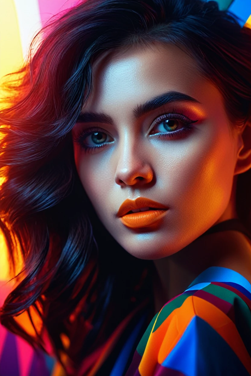 a beautiful female portrait, abstract geometric shapes, vivid colors, intricate textures, expressive emotions, dynamic pose, dramatic lighting, cinematic composition, digital art, masterpiece, best quality, 8k, hyper detailed, photorealistic, highly detailed face and eyes, flawless skin, stylized hair, elegant clothing, surreal atmosphere, moody colors, dramatic chiaroscuro lighting