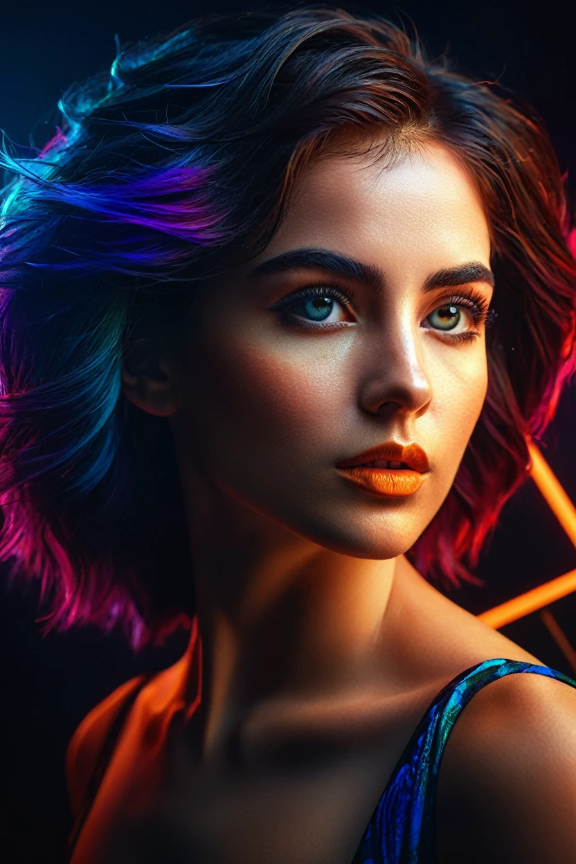 a beautiful female portrait, abstract geometric shapes, vivid colors, intricate textures, expressive emotions, dynamic pose, dramatic lighting, cinematic composition, digital art, masterpiece, best quality, 8k, hyper detailed, photorealistic, highly detailed face and eyes, flawless skin, stylized hair, elegant clothing, surreal atmosphere, moody colors, dramatic chiaroscuro lighting