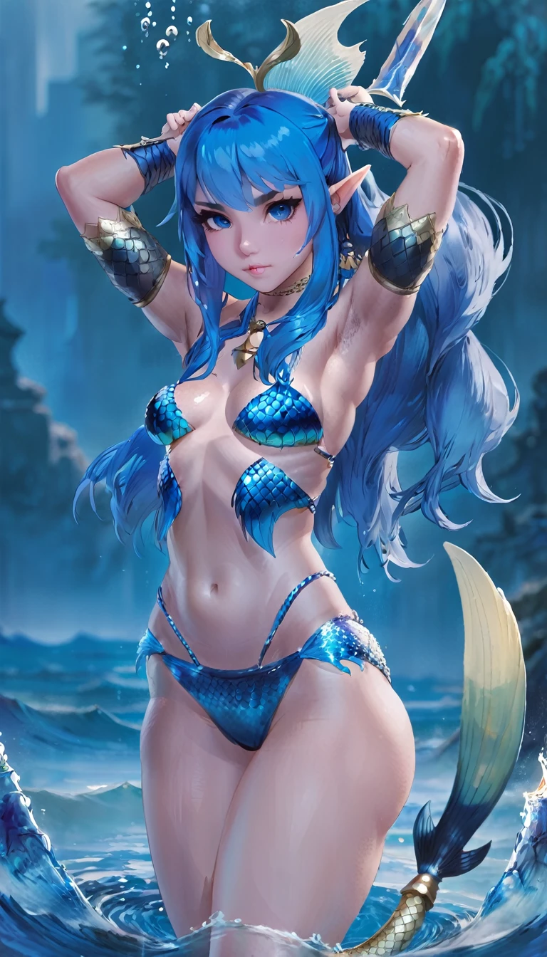 A fearsome-looking, blue-haired half-mermaid warrior