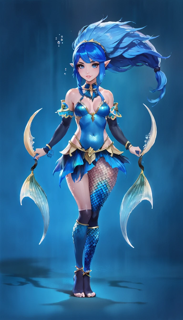 A fearsome-looking, blue-haired half-mermaid warrior