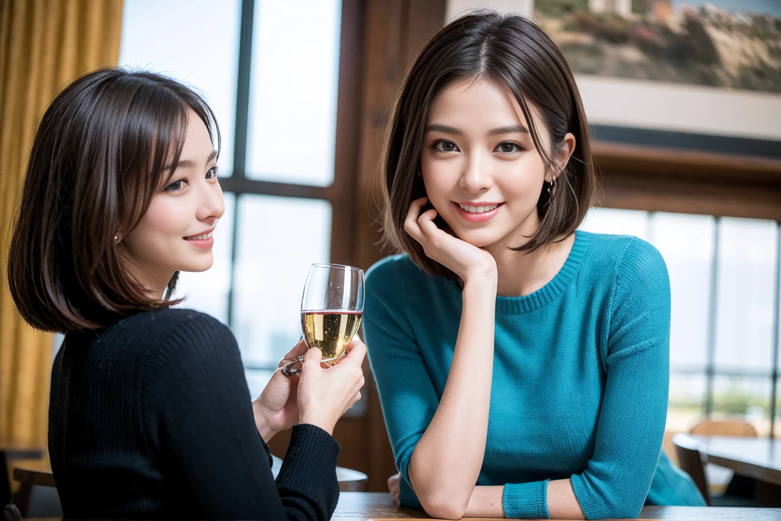 ((Highest quality、8K、masterpiece:1.3))、slimカップル、modelカップル、(Realistic, Intricate details:1.2), full-course dinner、Wine Party、Amazing view of the sunset sky and clouds、A bright smile、The wonderfulness of smile、Bright image、The beauty of wine, Beautiful Face, blue eyes, The light shines on your face, Blushing, short hair,Bright Face、 (Age 37), 39 years old, red wine 、Appetizers、Italian food、Wine bottle、Champagne、sparkling wine、Two beauties、Brown Hair、Shortcuts、Long sleeve shirt、dress、Beautiful woman 1, (slimな顔), (The body is slim), (Brown Hair), (Shortcuts), cheeks turn a little red,Attractive beauty、restaurant, In a prominent place (From the waist up) Nova Frog Style, actress, model, Upper Body, White wine, slim, wine glass, 中央に置かれたwine glass, smile, (smile: 1.15), Beautiful fine grain, Depth f/2,saturation, High Contrast, Strong light and shadow,Moist Body:1.5、3D texture、Delicate eyes、Brown Hair、The hair is very shiny、