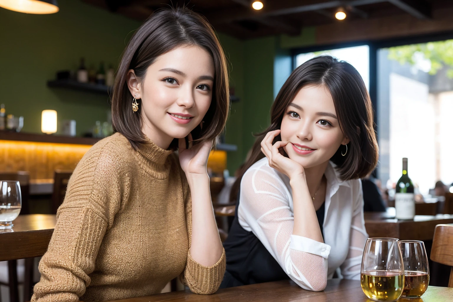 ((Highest quality、8K、masterpiece:1.3))、slimカップル、modelカップル、(Realistic, Intricate details:1.2), full-course dinner、Wine Party、Amazing view of the sunset sky and clouds、A bright smile、The wonderfulness of smile、Bright image、The beauty of wine, Beautiful Face, blue eyes, The light shines on your face, Blushing, short hair,Bright Face、 (Age 37), 39 years old, red wine 、Appetizers、Italian food、Wine bottle、Champagne、sparkling wine、Two beauties、Brown Hair、Shortcuts、Long sleeve shirt、dress、Beautiful woman 1, (slimな顔), (The body is slim), (Brown Hair), (Shortcuts), cheeks turn a little red,Attractive beauty、restaurant, In a prominent place (From the waist up) Nova Frog Style, actress, model, Upper Body, White wine, slim, wine glass, 中央に置かれたwine glass, smile, (smile: 1.15), Beautiful fine grain, Depth f/2,saturation, High Contrast, Strong light and shadow,Moist Body:1.5、3D texture、Delicate eyes、Brown Hair、The hair is very shiny、