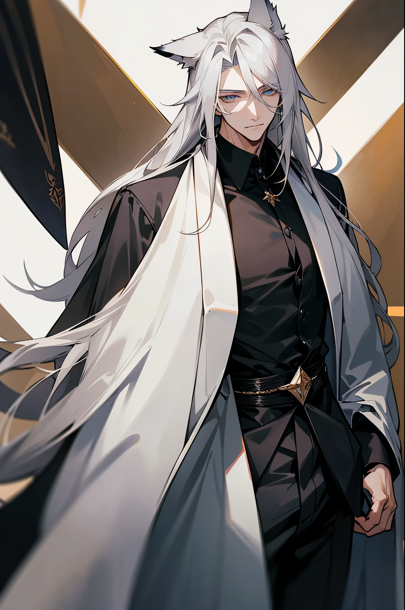 A handsome Man. He was dressed in a black shirt with a silver coat hanging over his shoulders, he has long light gray hair One of his eyes was covered by his long hair, He has amber colored eyes. He has wolf ears. Manhwa style.
