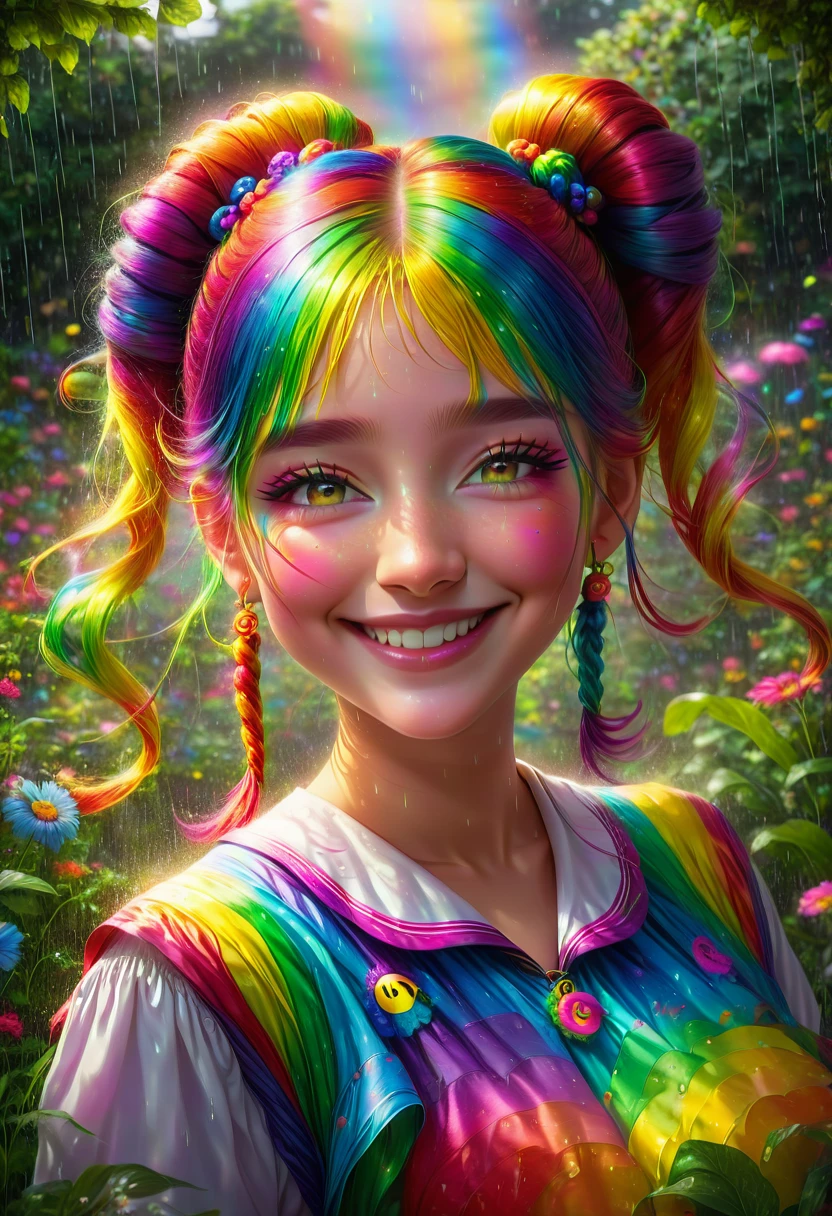 ( One dancing girl:1.6)、Long rainbow colored pigtails:1.9、A smiley face with a hint of madness、face is distorted、In a magical rainy garden、Beautiful Magical Girl、Shining morning sunlight、Low Angle Shots:1.75、Close up of a girl、Very detailed、complicated、Photorealistic、8K、HDR、Cinematic lighting、Bright colors、Soft and dreamy