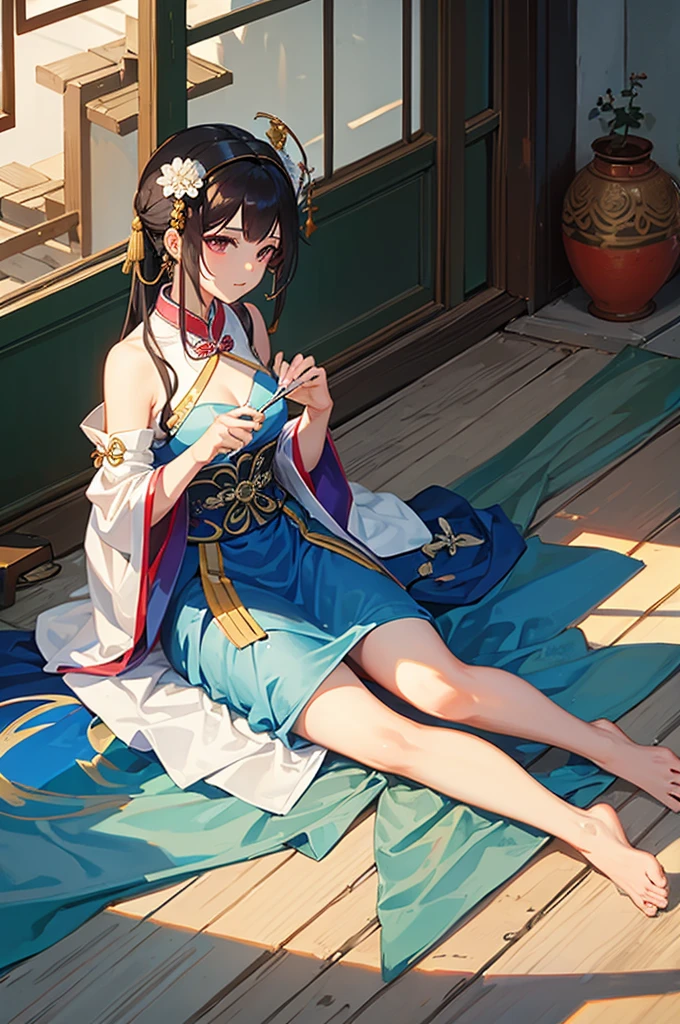 A rich girl from the Tang Dynasty sitting in the courtyard。Dressed in silk,barefoot。