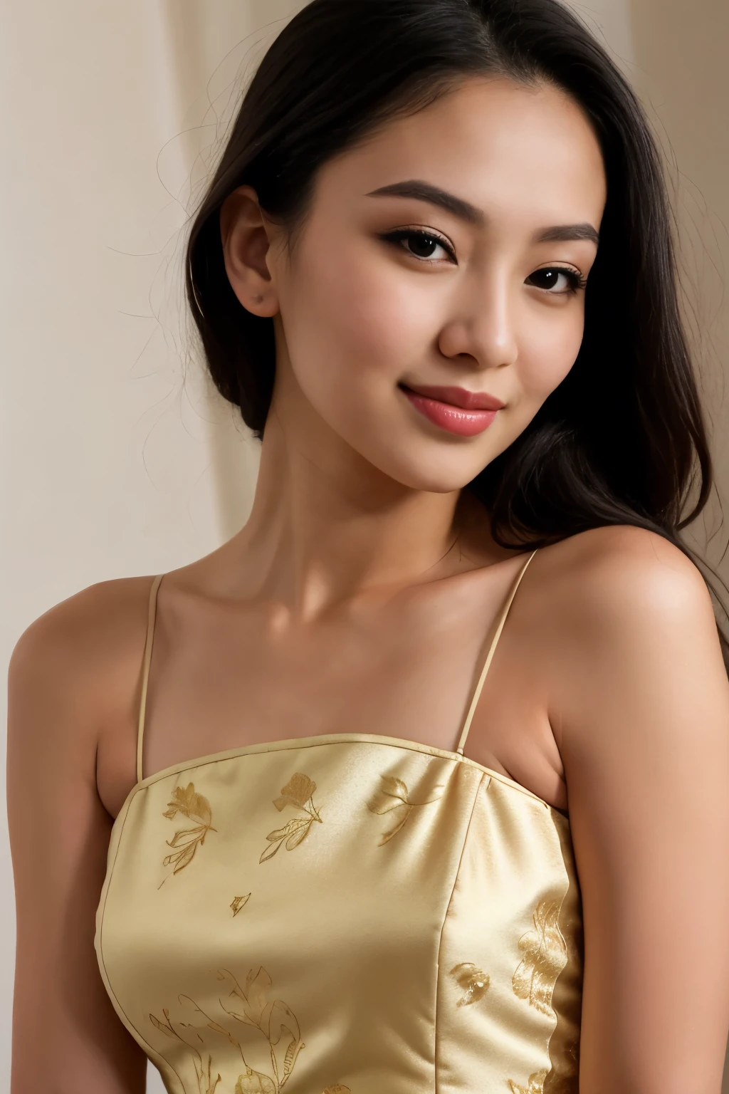 highest quality, 8K, masterpiece, sharp focus, photorealistic, beautiful Kazakh woman with long black hair, sleek and straight hair, slender figure, fair skin tone, almond-shaped brown eyes, delicate nose, soft natural eyebrows, ultra high detailed face and skin texture, fine grain, double eyelid, radiant skin, perfect skin, wearing a traditional red cheongsam with intricate golden patterns, elegant, natural light, slight smile, realistic shadows, subtle makeup, indistinguishable from a real photo.