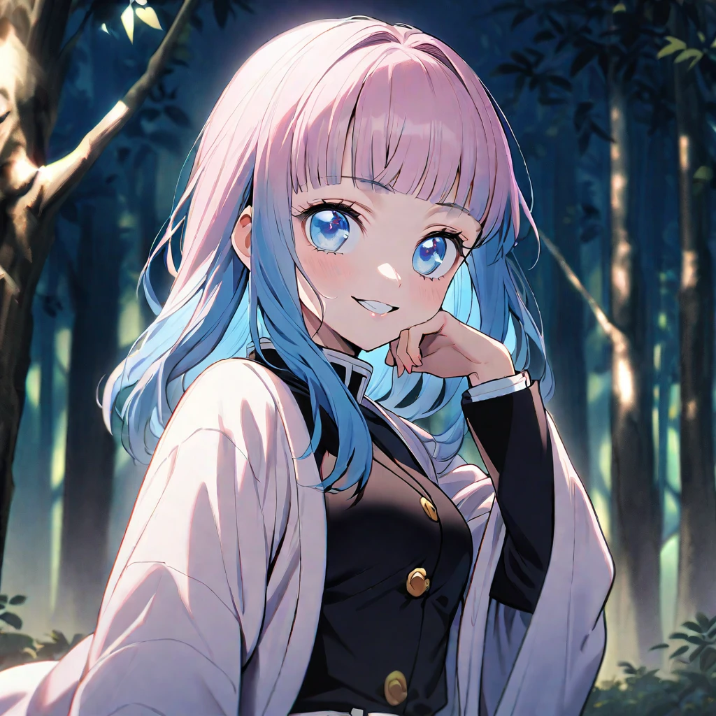 1 pretty girl in kimetsu no yaiba style, long hair, light pink hair with bangs and blue hair tips,light blue eyes, demon hunter uniform,pink and white haori,(flat breasts),hand on chin, face tilted to the side, Grinning, gazing at viewer, night forest as background 