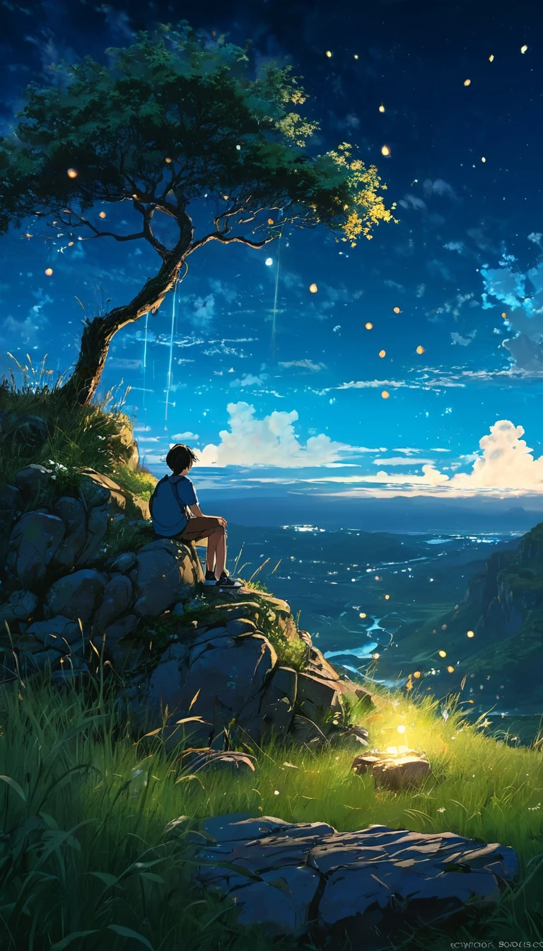 a boy sitting under a tree near a cliff in a meadow , seeing a vast night sky with fluffy clouds and brush strokes , tall grasses stones, , makoto shinkai cyril rolando, anime art wallpaper 4k, anime art wallpaper 4k, animated background, anime art wallpaper 8K, animated background art, Anime Landscape Wallpaper, amazing wallpaper, HD wallpaper, 4k anime wallpaper, 4k anime wallpaper, Aries Moross art,art by Bob Byerley , AshleyWoodArtAI, greg rutkowski(brokeh effect)(bright blue sky)(shinning dots)(glowing fireflies) night