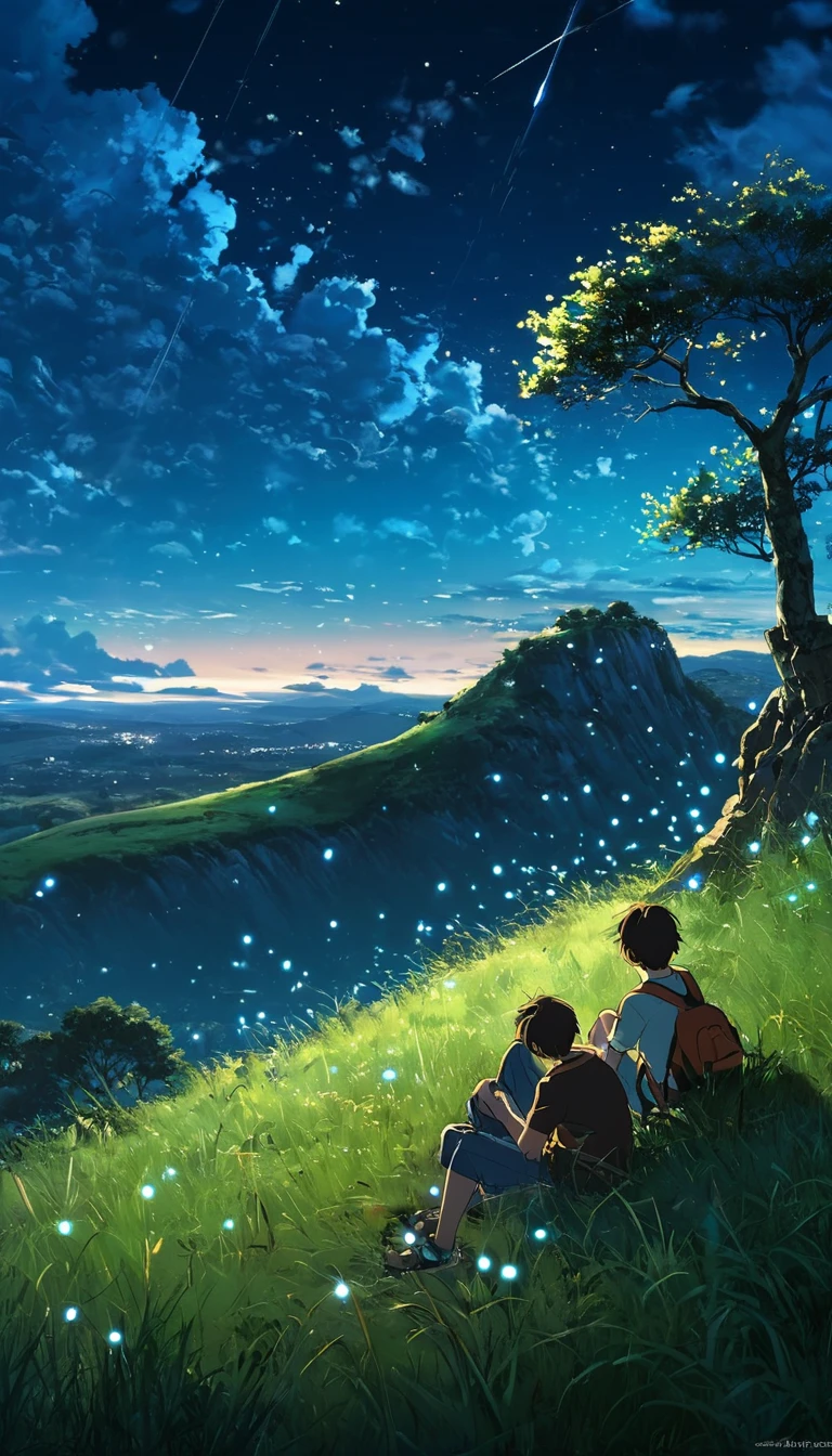 a boy sitting under a tree near a cliff in a meadow , seeing a vast night sky with fluffy clouds and brush strokes , tall grasses stones, , makoto shinkai cyril rolando, anime art wallpaper 4k, anime art wallpaper 4k, animated background, anime art wallpaper 8K, animated background art, Anime Landscape Wallpaper, amazing wallpaper, HD wallpaper, 4k anime wallpaper, 4k anime wallpaper, Aries Moross art,art by Bob Byerley , AshleyWoodArtAI, greg rutkowski(brokeh effect)(bright blue sky)(shinning dots)(glowing fireflies) night
