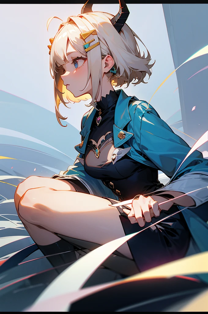 1 girl, adult woman, Alone, g0ld3mb, air, (platinum blonde Hair) Hair, hime cut, (kawaii Hair clips:1.2) high quality, Best Quality, High resolution, high detail, (airen aura magic), Hair uplifted, horns