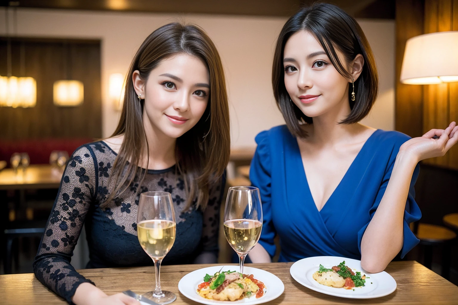 ((Highest quality、8K、masterpiece:1.3))、slimカップル、modelカップル、(Realistic, Intricate details:1.2), full-course dinner、Wine Party、Amazing view of the sunset sky and clouds、A bright smile、The wonderfulness of smile、Bright image、The beauty of wine, Beautiful Face, blue eyes, The light shines on your face, Blushing, short hair,Bright Face、 (Age 37), 39 years old, red wine 、Appetizers、Italian food、Wine bottle、Champagne、sparkling wine、Two beauties、Brown Hair、Shortcuts、Long sleeve shirt、dress、Beautiful woman 1, (slimな顔), (The body is slim), (Brown Hair), (Shortcuts), cheeks turn a little red,Attractive beauty、restaurant, In a prominent place (From the waist up) Nova Frog Style, actress, model, Upper Body, White wine, slim, wine glass, 中央に置かれたwine glass, smile, (smile: 1.15), Beautiful fine grain, Depth f/2,saturation, High Contrast, Strong light and shadow,Moist Body:1.5、3D texture、Delicate eyes、Brown Hair、The hair is very shiny、