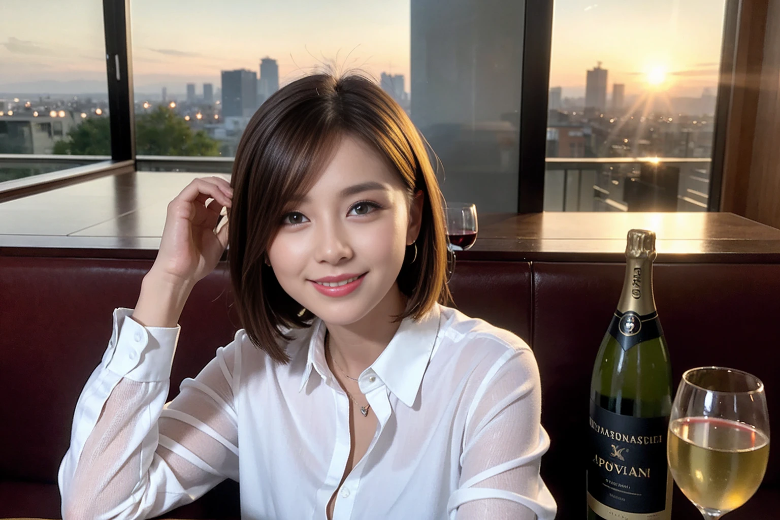 ((Highest quality、8K、masterpiece:1.3))、slimカップル、modelカップル、(Realistic, Intricate details:1.2), full-course dinner、Wine Party、Amazing view of the sunset sky and clouds、A bright smile、The wonderfulness of smile、Bright image、The beauty of wine, Beautiful Face, blue eyes, The light shines on your face, Blushing, short hair,Bright Face、 (Age 37), 39 years old, red wine 、Appetizers、Italian food、Wine bottle、Champagne、sparkling wine、Two beauties、Brown Hair、Shortcuts、Long sleeve shirt、dress、Beautiful woman 1, (slimな顔), (The body is slim), (Brown Hair), (Shortcuts), cheeks turn a little red,Attractive beauty、restaurant, In a prominent place (From the waist up) Nova Frog Style, actress, model, Upper Body, White wine, slim, wine glass, 中央に置かれたwine glass, smile, (smile: 1.15), Beautiful fine grain, Depth f/2,saturation, High Contrast, Strong light and shadow,Moist Body:1.5、3D texture、Delicate eyes、Brown Hair、The hair is very shiny、