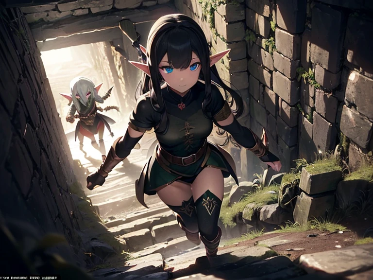 In the underground dungeon、(((Pitch black))),((((One female elf,Two Warriors)))),Came down the stairs,Stone wall,Torch light,Be wary of your surroundings