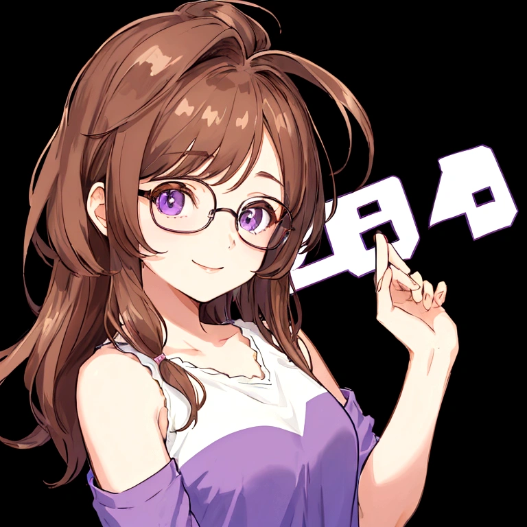 A young girl with glasses and short, flowing brown hair. She is wearing a purple shirt and white shorts. She is standing in front of a black background. Her hair is long and loose to her shoulders. She has brown eyes and red glasses. She has a thin, friendly smile. And she has brown skin.