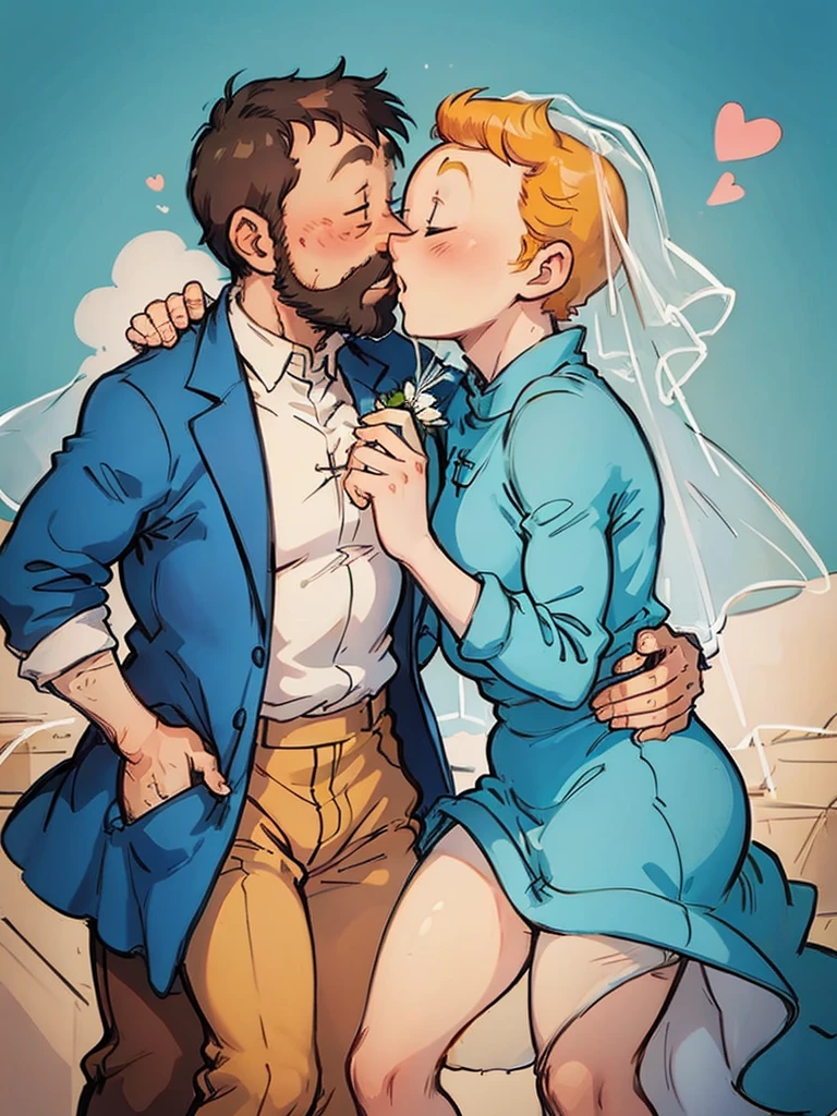 The wedding of Tintin and Captain Haddock from Hergé's comics in delicate pastel colors.  Both men.  Tintin is slightly shorter than Captain Haddock.  Haddock has black hair.