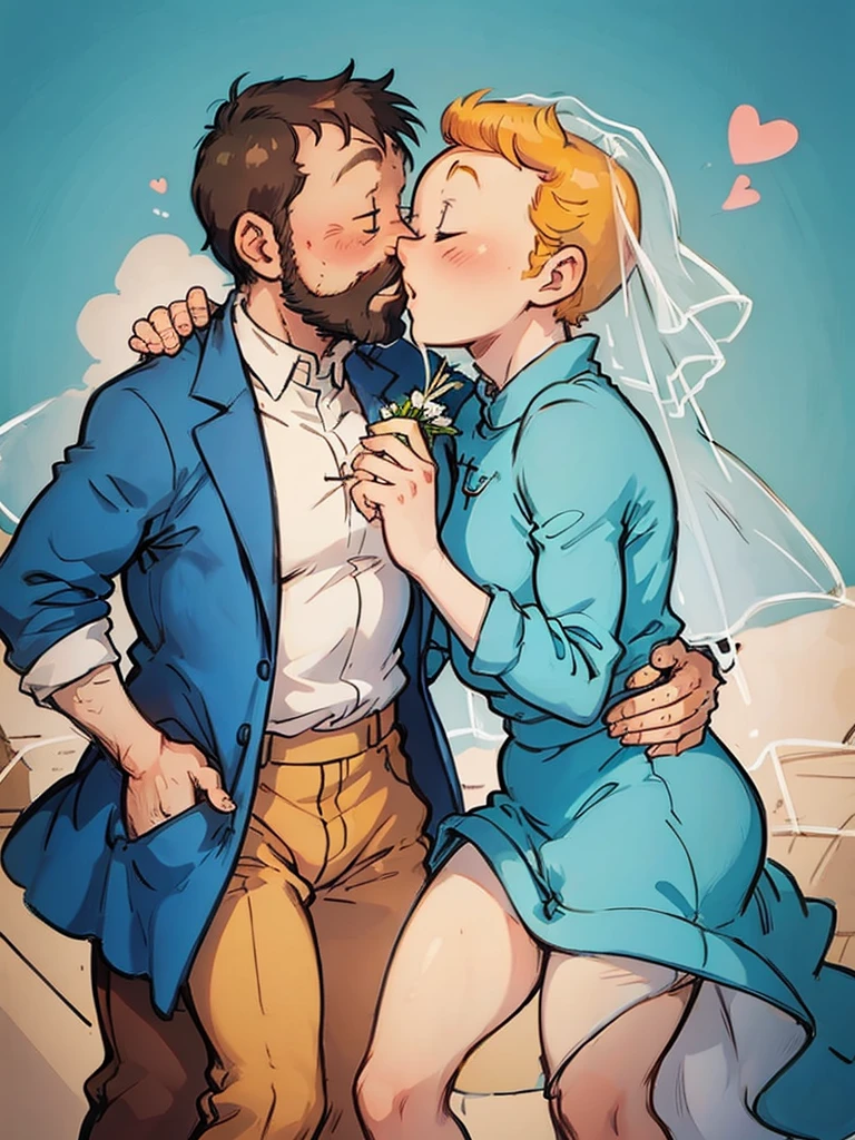 The wedding of Tintin and Captain Haddock from Hergé's comics in delicate pastel colors.  Both men.  Tintin is slightly shorter than Captain Haddock.  Haddock has black hair.