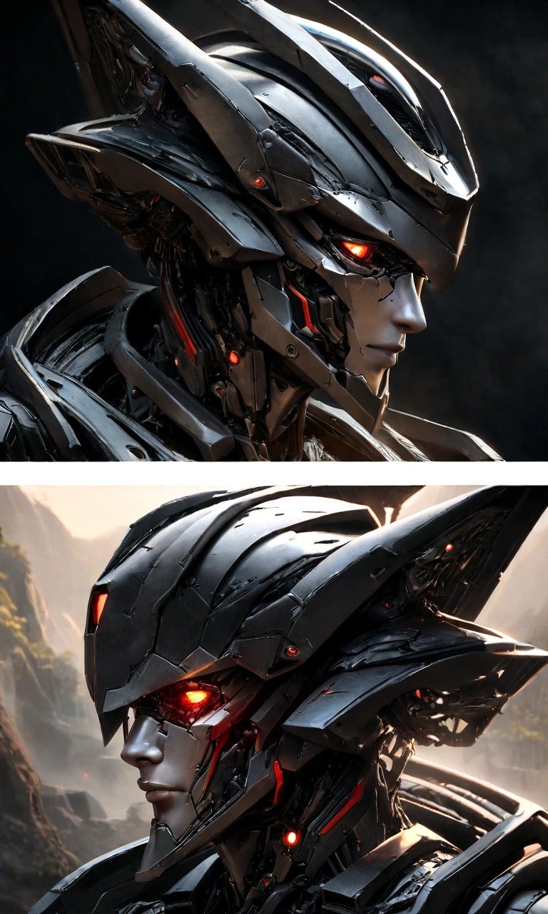 Sharpened man in black and red metallic armor with hood, detailed portrait of a cyborg, close-up portrait of cyborg, portrait of a futuristic robot, male cyborg military commander, attractive science fiction face, masculine appearance, portrait of cyborg, Futuristic Setting, portrait of a cyborg, cyborg portrait, portrait of a cyborg cyberpunk, male cyborg, in metallic black futuristic armor, olpntng style, Portrait of the gynoid robot Samus in Wasteland, perfect composition, beautiful detailed intricate insanely detailed octane render Tendências no ArtStation, 8k art photography, photorrealistic concept art, soft natural volumetric cinematic perfect light, Bright dark, rewarded photography, work of art, oil on canvas, perfect composition, beautiful detailed intricate insanely detailed octane render Tendências no ArtStation, 8k art photography, photorrealistic concept art, futuristic setting, soft natural volumetric cinematic perfect light, darkness background