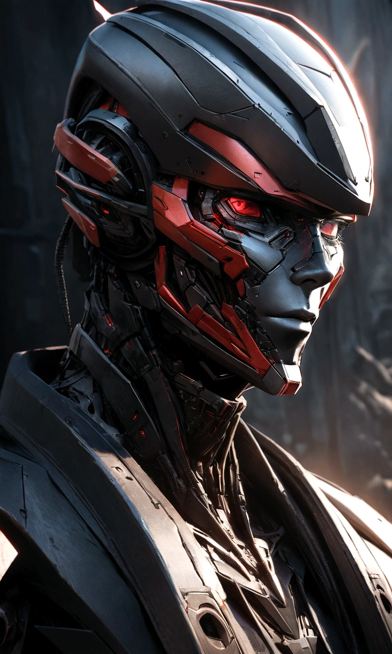 Sharpened man in black and red metallic armor with hood, detailed portrait of a cyborg, close-up portrait of cyborg, portrait of a futuristic robot, male cyborg military commander, attractive science fiction face, masculine appearance, portrait of cyborg, Futuristic Setting, portrait of a cyborg, cyborg portrait, portrait of a cyborg cyberpunk, male cyborg, in metallic black futuristic armor, olpntng style, Portrait of the gynoid robot Samus in Wasteland, perfect composition, beautiful detailed intricate insanely detailed octane render Tendências no ArtStation, 8k art photography, photorrealistic concept art, soft natural volumetric cinematic perfect light, Bright dark, rewarded photography, work of art, oil on canvas, perfect composition, beautiful detailed intricate insanely detailed octane render Tendências no ArtStation, 8k art photography, photorrealistic concept art, futuristic setting, soft natural volumetric cinematic perfect light, darkness background