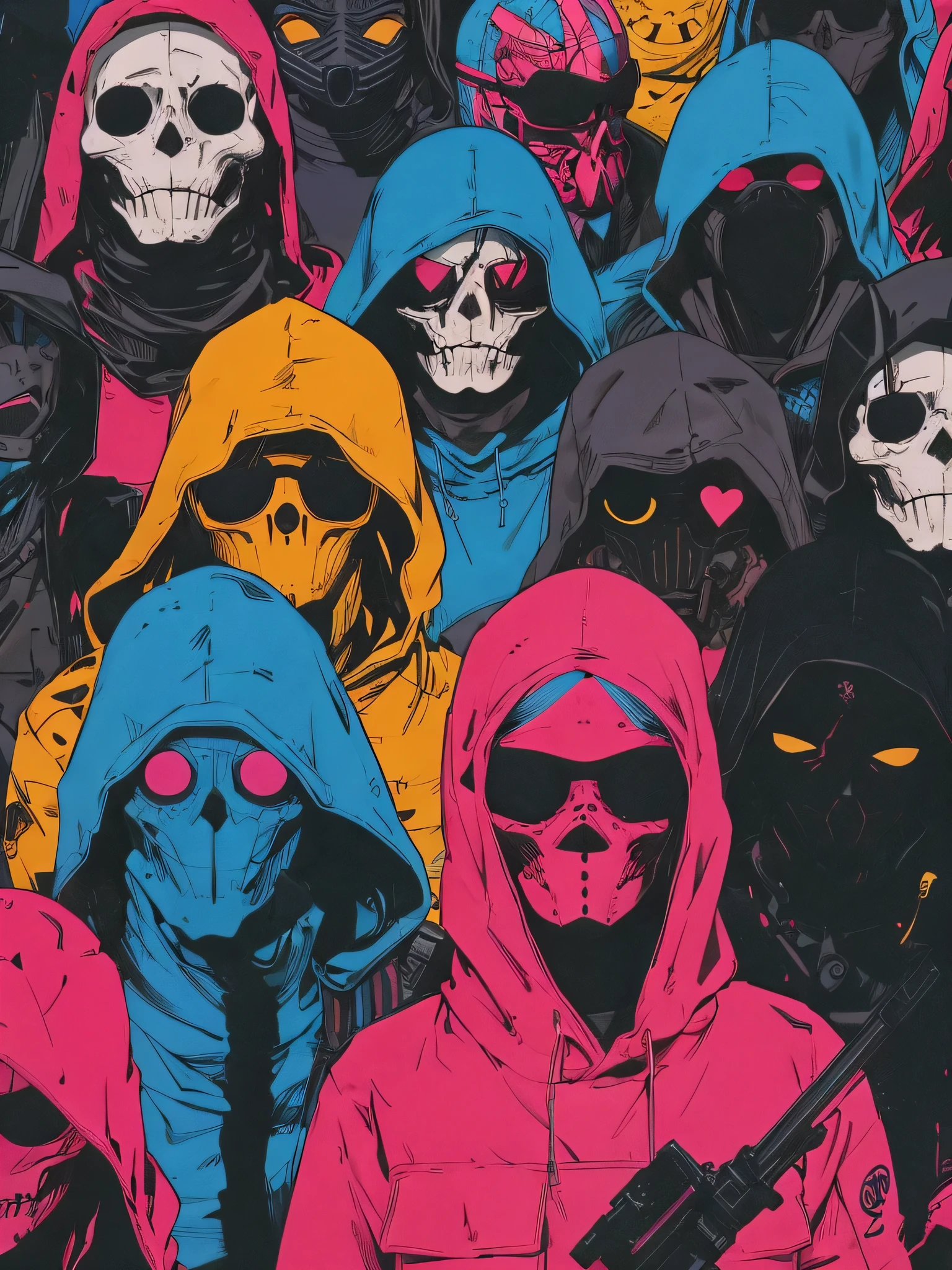 Epic scene, art depicts a group of individuals wearing colorful, distinct clothing and masks, some with smiley faces. The characters are dressed in a variety of styles, including hoodies and sunglasses, creating a contemporary and urban aesthetic, art falls into the category of street art or modern digital illustration, characterized by bold lines, vibrant colors, and a mix of realistic and exaggerated features, by Shepard Fairey and Banksy, movie poster, extremely detailed, hyper resolution, cinematic volumetric lighting