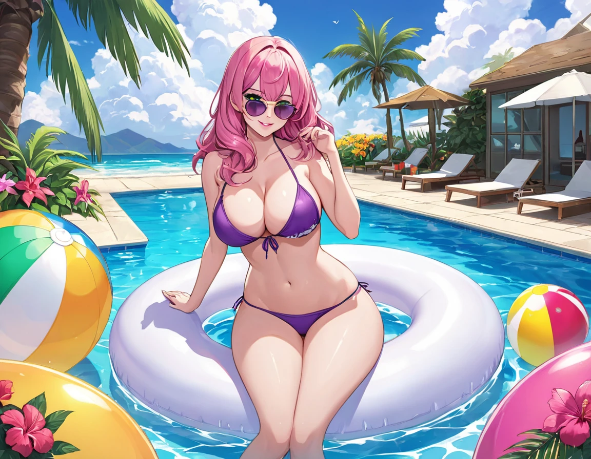 best aesthetic, lolsplashart, pool missfortune, 1girl, solo, long hair, breasts, looking at viewer, smile, bangs, very large breasts, really huge butt, big butt, massive butt, swimsuit, cleavage, pink lipstick, kiss marks, green eyes, magenta hair, pink hair, outdoors, sky, day, bikini, cloud, tree, water, pedal, blue sky, butterfly wings, purple bikini, pink pool float, inflatable butterfly wings, arm floaties, beach ball, sunglasses, palm tree, beachball, beach umbrella, ocean waves, a beautiful young woman with long pink hair, wearing a purple bikini and sunglasses, lounging on a pool float while kissing a beach ball in a sparkling blue pool. She is surrounded by tropical flowers and palm trees, and the scene is set against a backdrop of a bright blue sky with fluffy white clouds. The woman's pose is sexy and seductive as she floats in the pool, enjoying the sunshine. The colorful flowers, pool float, and her bold purple bikini all contribute to the fun, summery vibe. The overall atmosphere is cheerful and lighthearted, capturing the essence of a perfect poolside day.