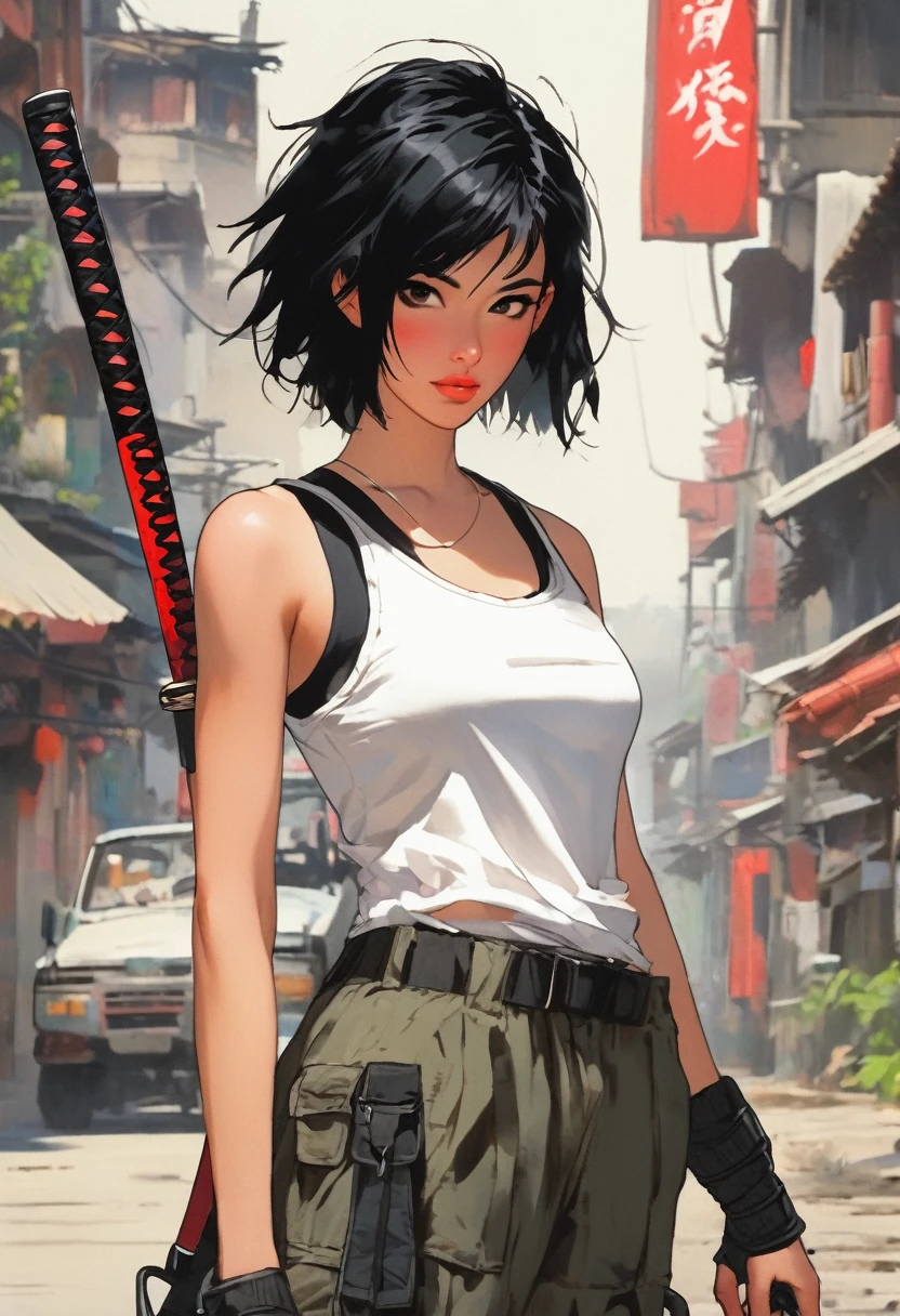 a 20 year old woman , short black hair with red tips holding a katana who is wearing a white tank top with black cargo pants