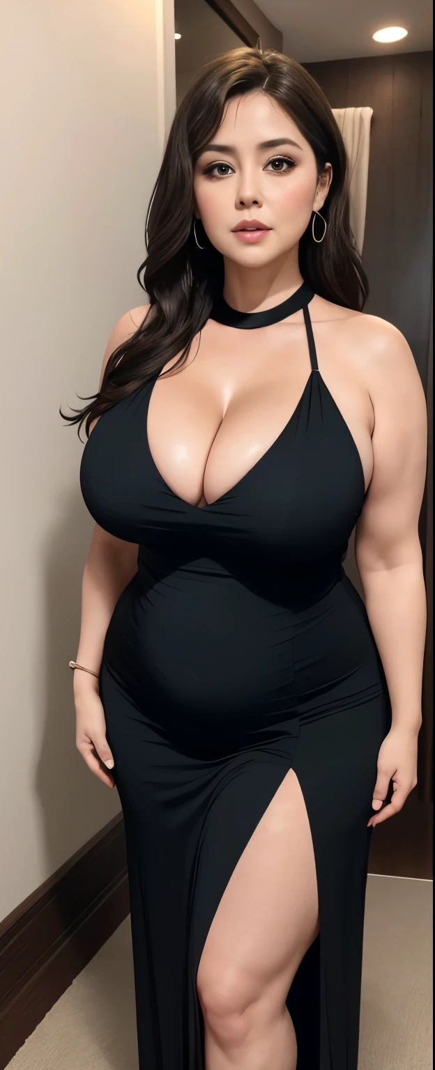 Chubby woman with fat belly and tight thighs, full body, 50-year-old mature woman, thick hips, thick neck, thick chest, big eyes, wearing a longest dress , cleavage 