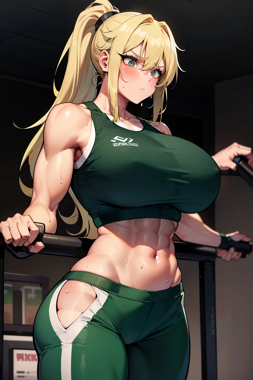 gym, exersice, one adult woman, workout, hot, sweating, sweaty, tan, medium , lifting, yogapants, dark green, yogapants, dark green pants, dark green clothes, blonde, ponytail, lean body, blonde, blonde hair, woman, greenpants, one girl, cool, huge , huge breasts, muscular, stern look
