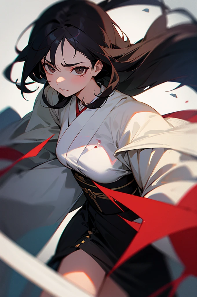 1Girl, 18-years old, Black hair, bloodstains, vengeful expression, brown dark eyes, fair net dress, long robe,