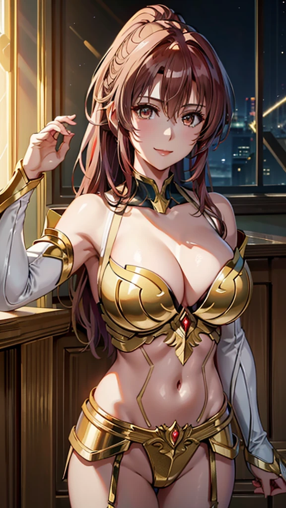 Gold Armor, 4K image, assembly, best quality, masterpiece, movie lighting ，Sexy，Large Breasts，Cleavage，action，In battle，Cleavage，Smile，noble，light beam from hand，Golden lightning surrounds，Red hair，Ponytail hairstyle，Saint Seiya Leo Aiolia，Blink，Lipstick，High purchase price