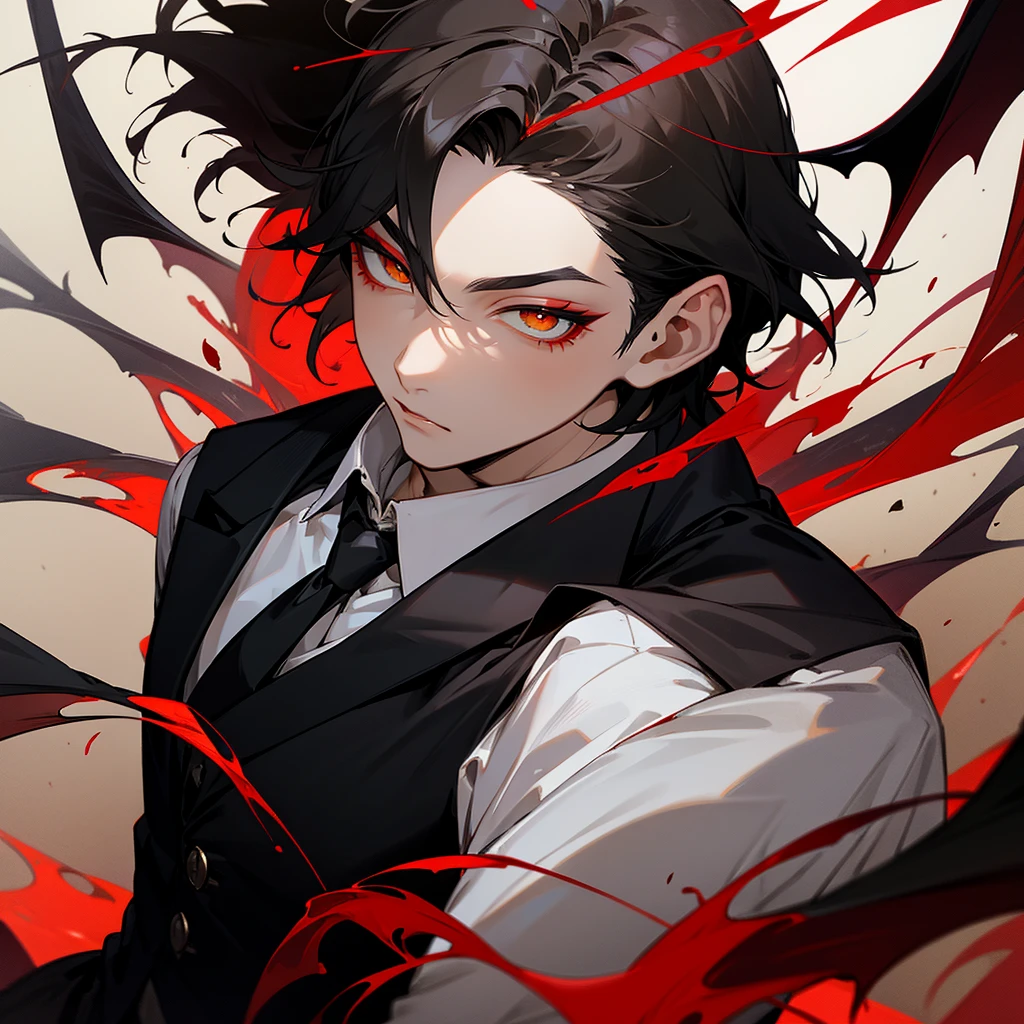 Bat wings, black tie, red spider lily, yellow eyelids, red makeup, young man, short black hair, black vest