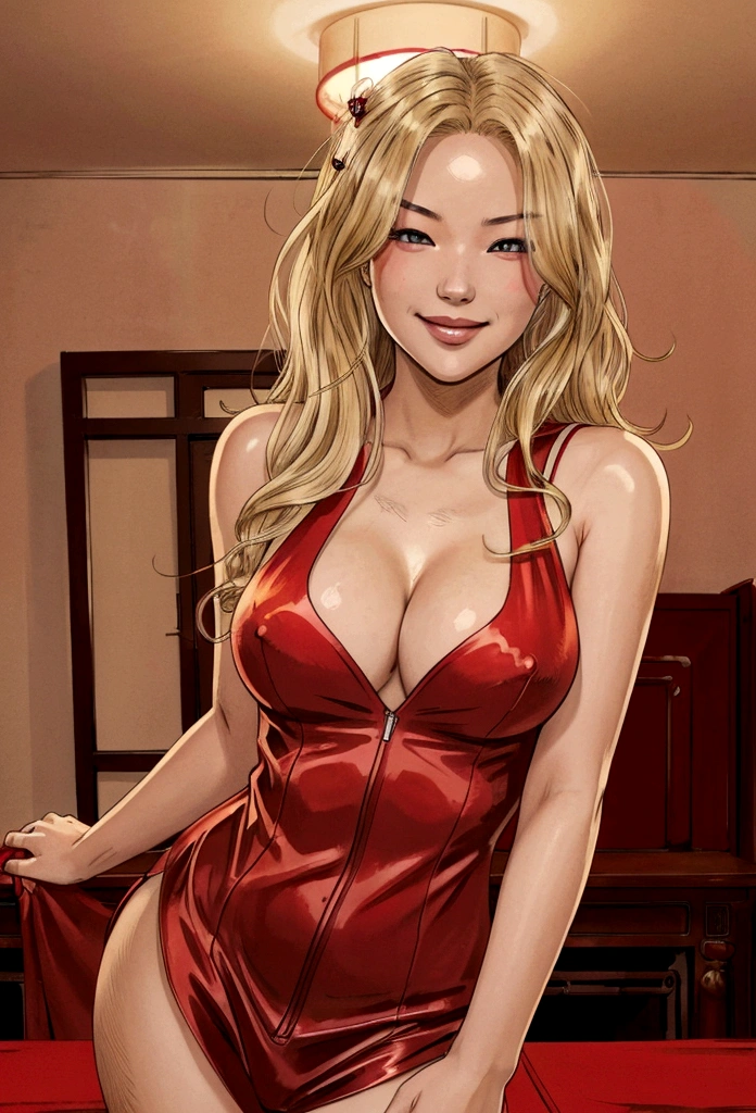 Chinese girl, wavy blonde hair, blood red eyes, wearing a sexy nurse outfit, her curves visible, looking at the camera with the most beautiful smile, blazing in the background of the House