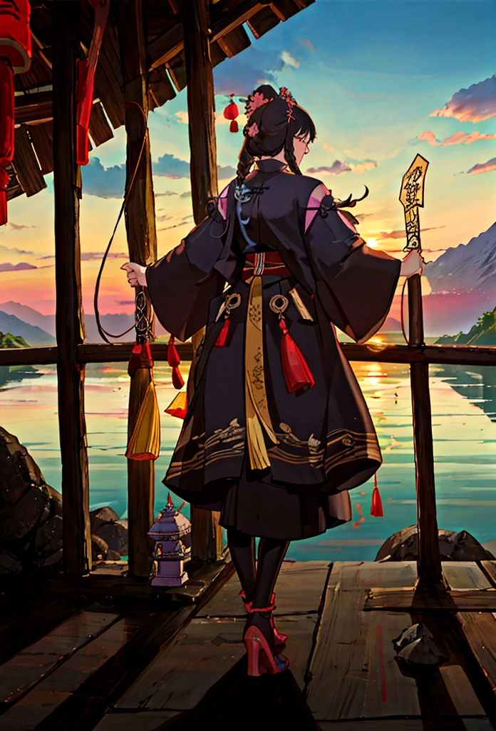 In ancient Chinese village, Clouded, dark lighting, sunset in the background, shady lake near the village, paisagem sombria