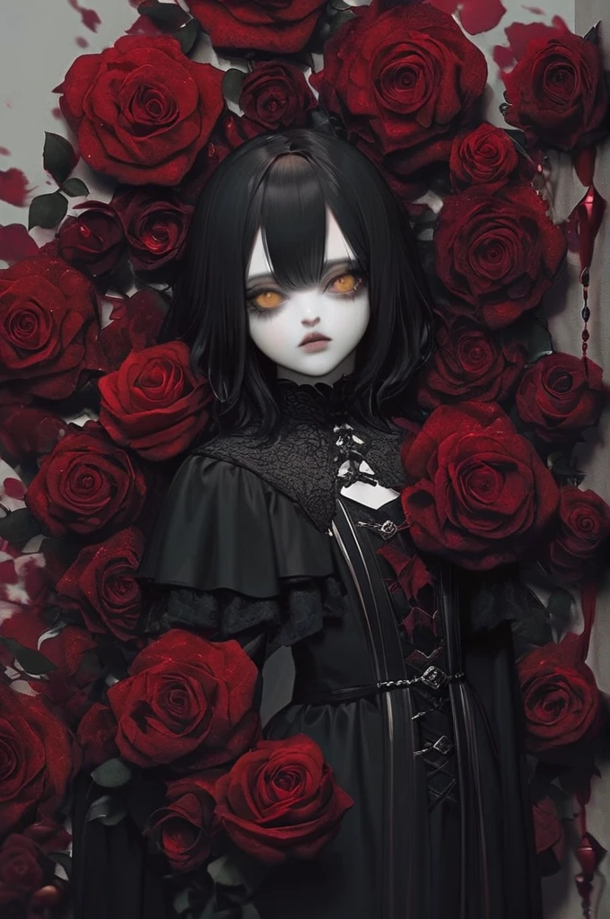 ((Лучшее качество)), ((шедевр)), (подробный), elf, vampire, black medium hair, gothic clothes, gothic, yellow eyes, blank stare, tall, medium hair, short bangs, pale skin, gothic style, blood, background of many bloody roses, lies in roses, bloody background, gothic aesthetics, plump lips