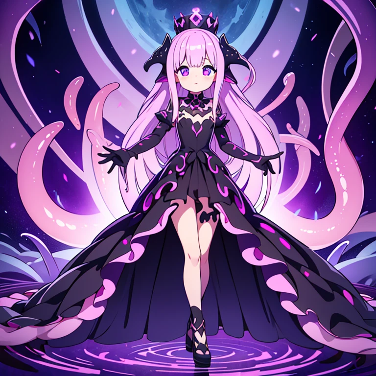 Full body, beautiful eyes , 1 girl , full body , cute girl , anime style , cute eyes , (standing up) , ( Tentaclysm's body is a mass of dark purple slime, semi-transparent and constantly shifting in form. Within the slime, dark, swirling patterns can be seen, similar to its smaller counterpart, Parasitex. Tentaclysm has multiple eyes scattered across its body, which glow with an eerie, otherworldly light. Its tentacles are long and flexible, ending in sharp, claw-like tips that can latch onto and pierce through its prey.) slime , eyeless , tentacles being another color to body, (ball gown) , crown , hidden legs ,( princess) , (ballgown covers legs)