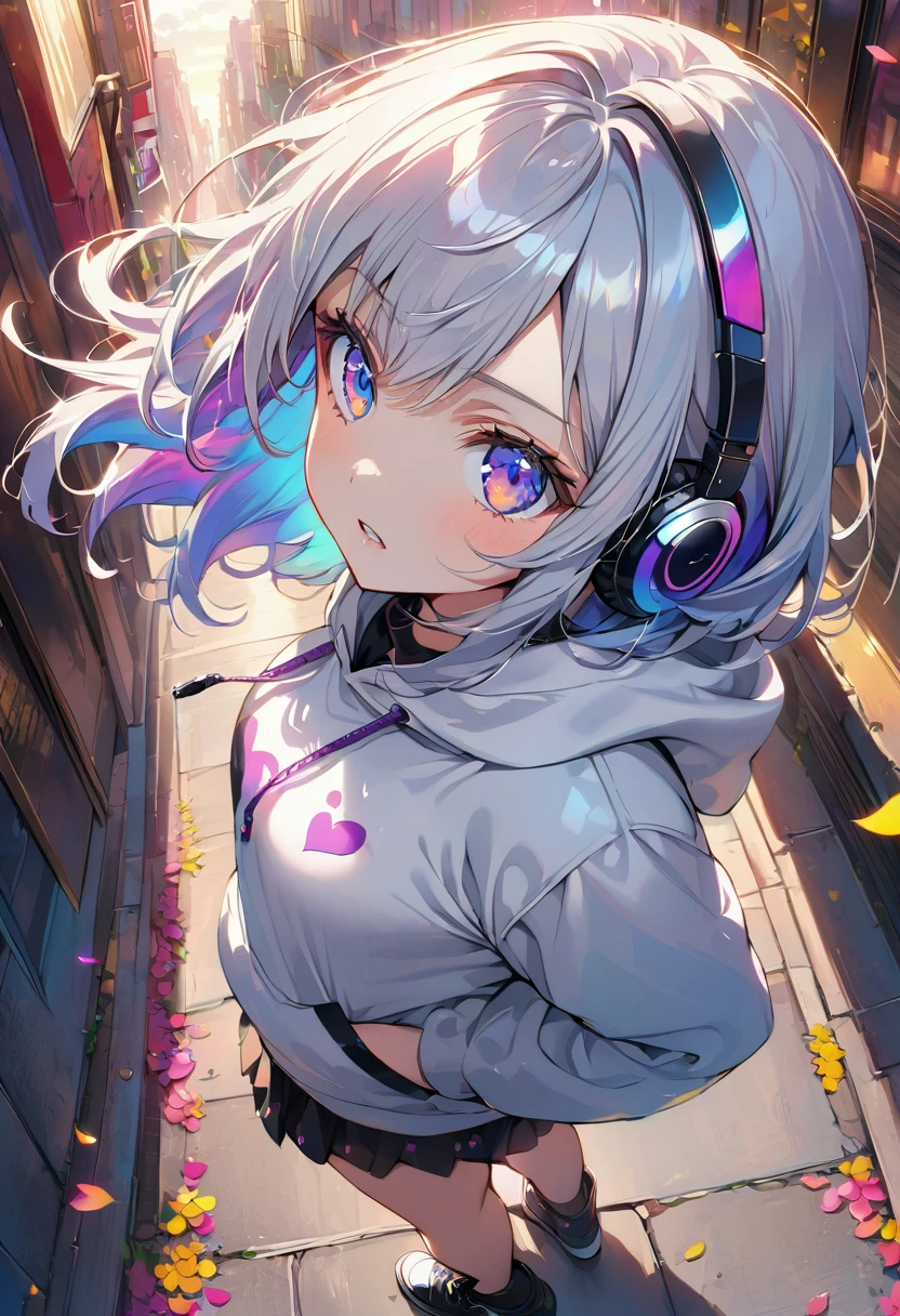 ((Masterpiece)), ((best quality)), (Anime:1.3), (super detail:1.2), (High Definition:1.3), (Professional Photography:1.3),cute young Girl, (Gazing skyward:2), Glossy unruly hair, (loose swept bangs), (silver ash hair), medium hair, big eyes, (Eye bags:1.3), (Long eyelashes), colorful eyes, (frown), Glossy lips, (jagged teeth), ((white hoodie with oversized)), barearms, cute, (hands in pocket), (colorful:1.3), gothic makeup, (walking around the City), colorful petals dance around her, beautiful sunset, wearing headphones, (shoot from side), (from above:1.5),