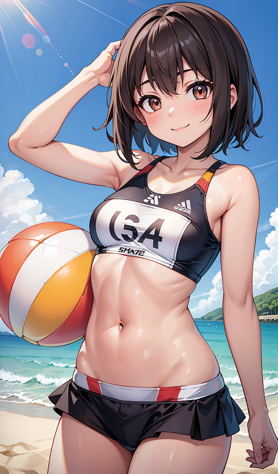 (One girl)、smile、Beach volleyball player、Belly button、beach、Dark brown short hair、Dark brown eyes