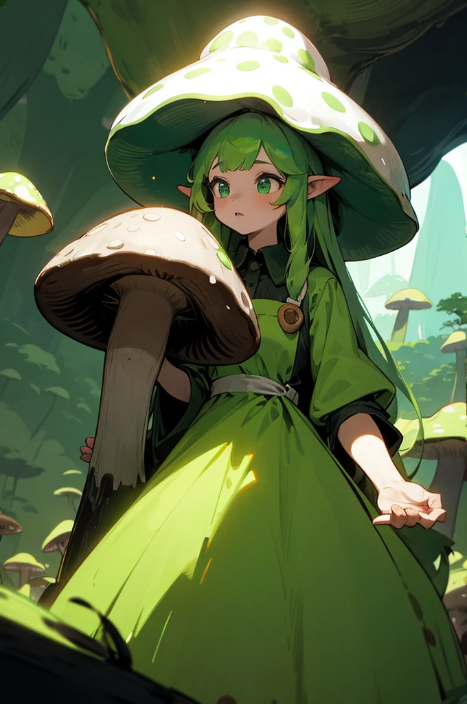 Girl, green hair, long hair, green dress, white apron, mushroom hat, fungus, full of mushroom, fungi, inside a glowing cave