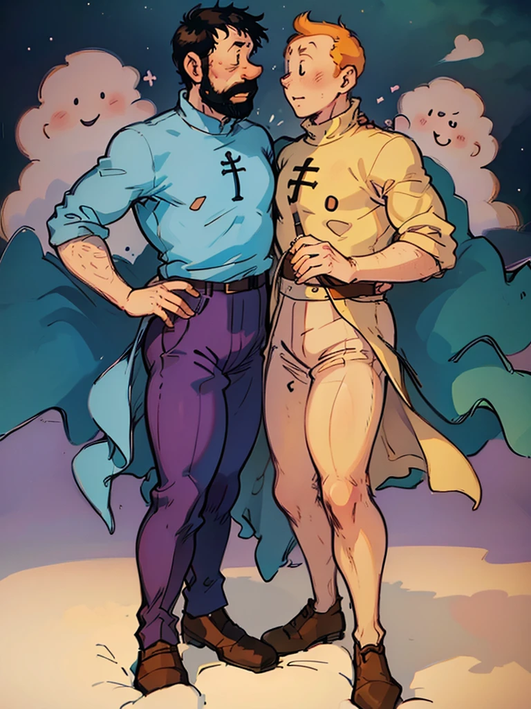 The wedding of Tintin and Captain Haddock from Hergé's comics in delicate pastel colors.  Both men.  Tintin is slightly shorter than Captain Haddock.  Haddock has black hair.