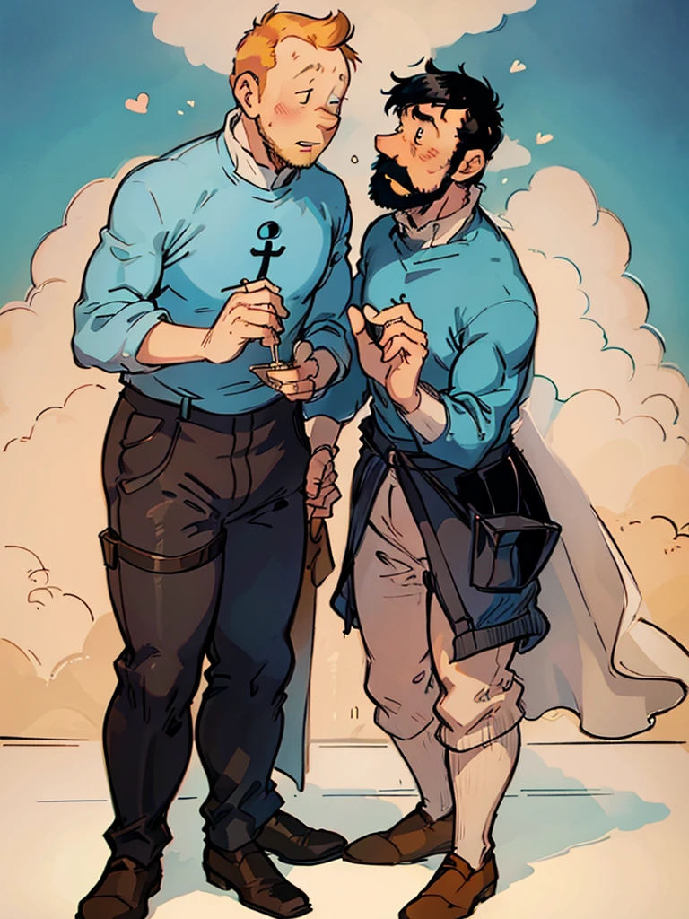 The wedding of Tintin and Captain Haddock from Hergé's comics in delicate pastel colors.  Both men.  Tintin is slightly shorter than Captain Haddock.  Haddock has black hair.