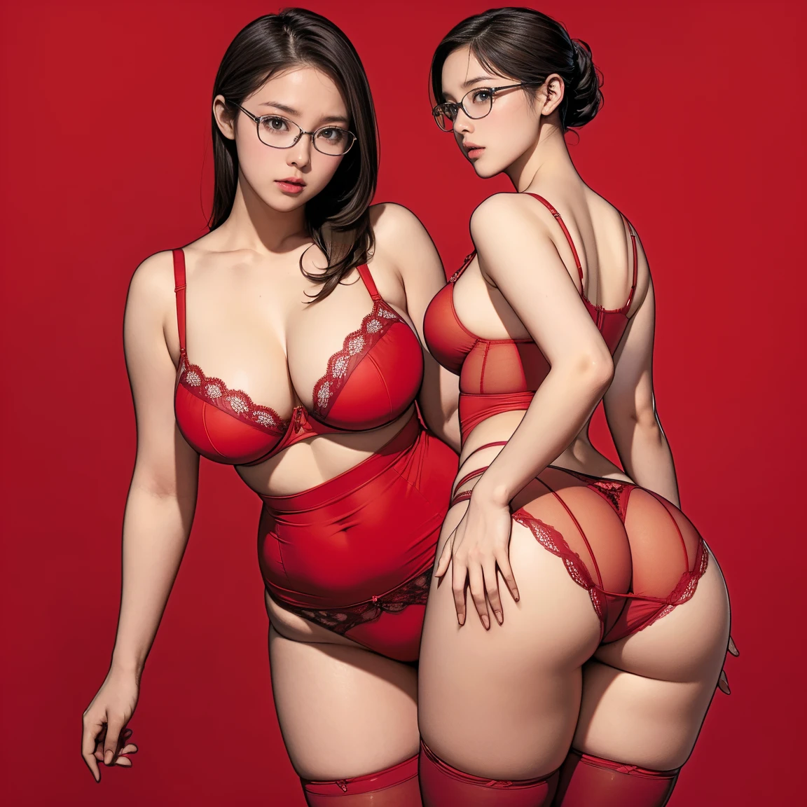 ((masterpiece)),(((highest quality))),((Reference Sheet, Character Design, in front, looking at the viewer , girl with glasses, ~ ~ in front posing, Mr..々Hairstyle, Mr..々Performance, Facial Expressions)), 30-year-old girl in panties red, Cute type, (curvy:1.4), (big ass:1.4), Realistic buttocks, Big Breasts, huge tits , thick thighs, Long legs, It's not a big deal, ((High quality fabric, panties red, panties, bra, stockings)), ((panties red:1.0)