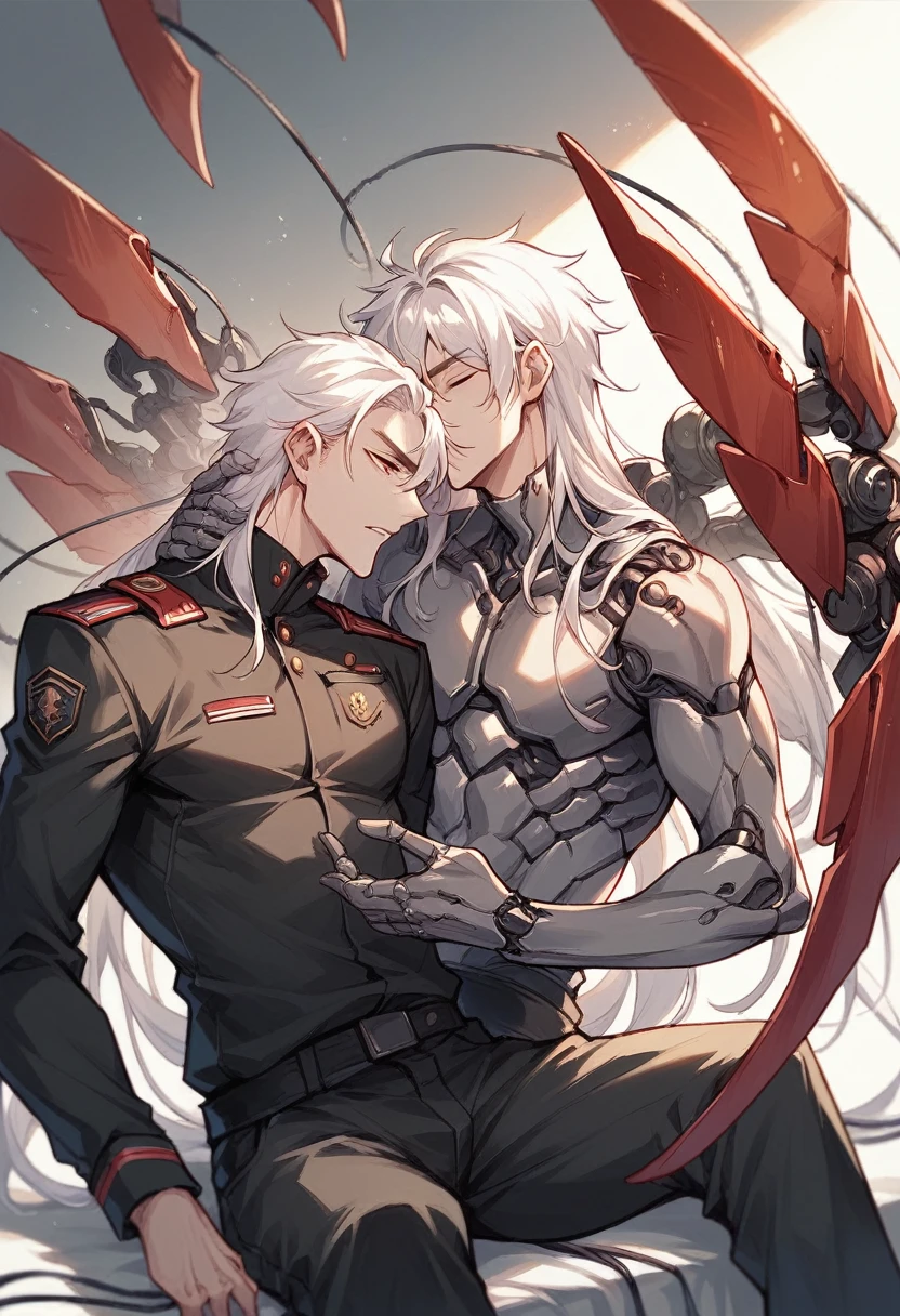 Straight Long Hair　White Hair　He has mechanical wings on his back.　cyborg　The mechanical parts of the neck are exposed.　The mechanical parts are black、There are red and white wires　The face is normal　Wearing black combat uniform　Thin eyebrows　I am sitting upright　I&#39;m sitting by the river　There is one person　close your eyes，I&#39;m crying　Linear mouth　The mechanical parts of the arms are exposed.，electrocuted、It emits electricity　flash　sunset　Girl seen from front left　Close up on girl　The whole body is shown　Beautiful views　The river is flowing　The girl is bowing　