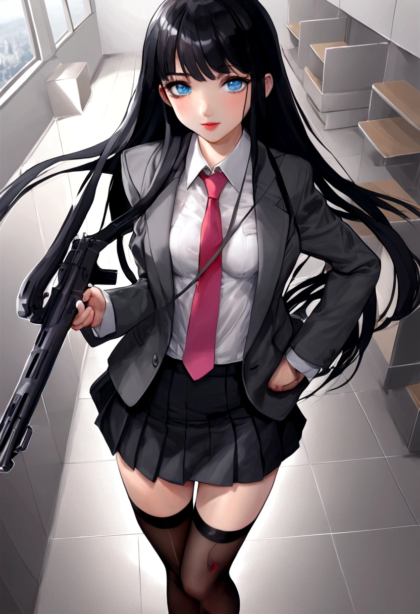 1 girl, long black hair, bright blue eyes, with breasts and a little hip, looking at the viewer, White skin, dark gray jacket and skirt, white shirt and red tie, slightly torn mesh stockings and cute shoes, gun in one hand(the right), cute smile and a little pink lips, and rosy cheeks.