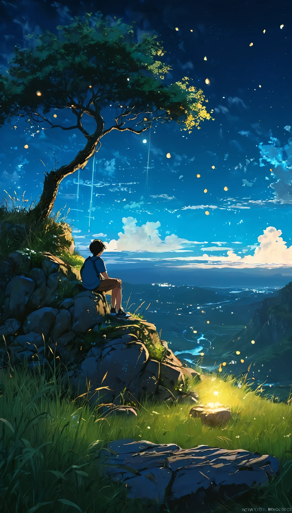 a boy sitting under a tree near a cliff in a meadow , seeing a vast night sky with fluffy clouds and brush strokes , tall grasses stones, , makoto shinkai cyril rolando, anime art wallpaper 4k, anime art wallpaper 4k, animated background, anime art wallpaper 8K, animated background art, Anime Landscape Wallpaper, amazing wallpaper, HD wallpaper, 4k anime wallpaper, 4k anime wallpaper, Aries Moross art,art by Bob Byerley , AshleyWoodArtAI, greg rutkowski(brokeh effect)(bright blue sky)(shinning dots)(glowing fireflies) night
