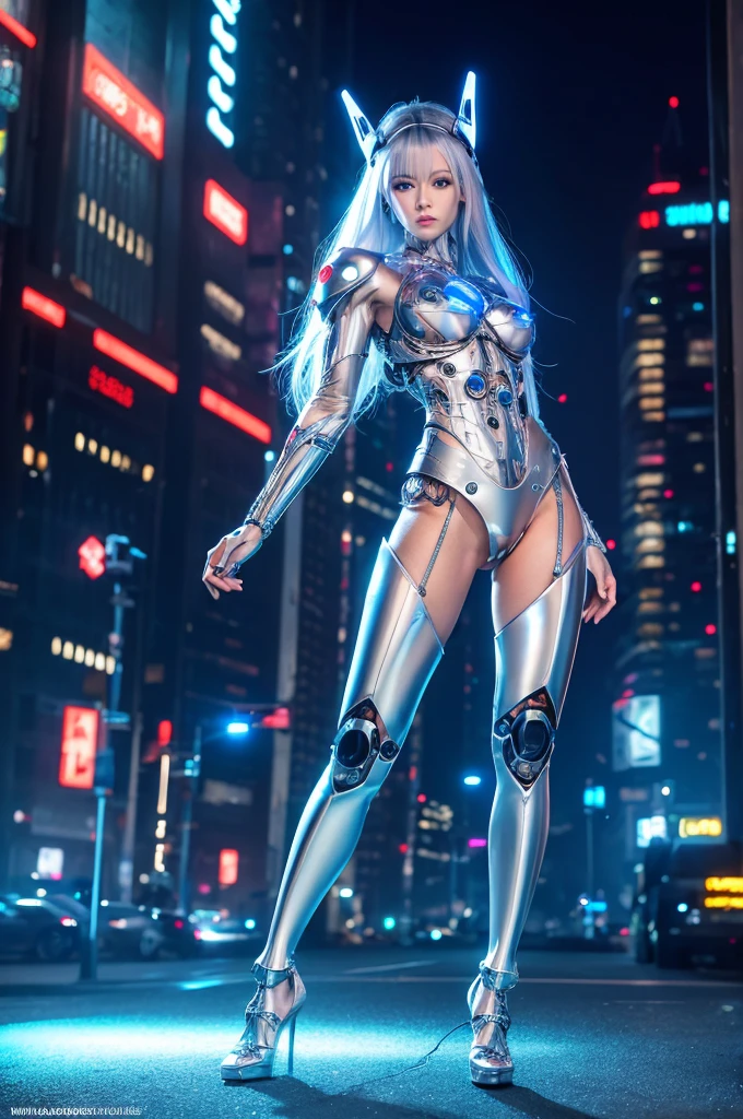 Blue silver (cyborg:1.5) no white, High heels, Pin heels, Beautiful face, Blue eyes, Medium hair, Platinum hair, Slicked hair, Straight hair, Hair swaying by wind, Headgear, Pale skin, Small breasts, Large erect nipples, Slim waist, Very small ass, Very Skinny thighs, Full body, Dynamic angle, Standing, City with futuristic skyscrapers, Neon lit night city, Realistic cyberpunk style, Glowing emblem on chest, High resolution, Best quality