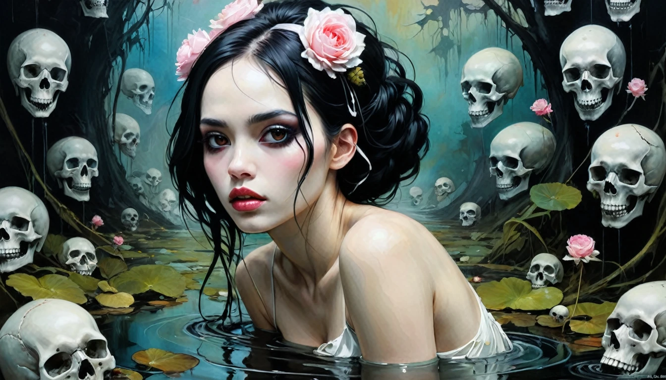 spiderwebs, skulls, wallpaper, there is ugliness in beauty, but there is also beauty in ugliness. desolate, abstract, surrealistic, cotton candy, swamp, funeral, futuristic,in the style of adrian ghenie, esao andrews, jenny saville, edward hopper, surrealism, dark art by james jean, takato yamamoto, inkpunk minimalism, voodoo princess with black hair and black eyes, skinny and extremely beautiful face