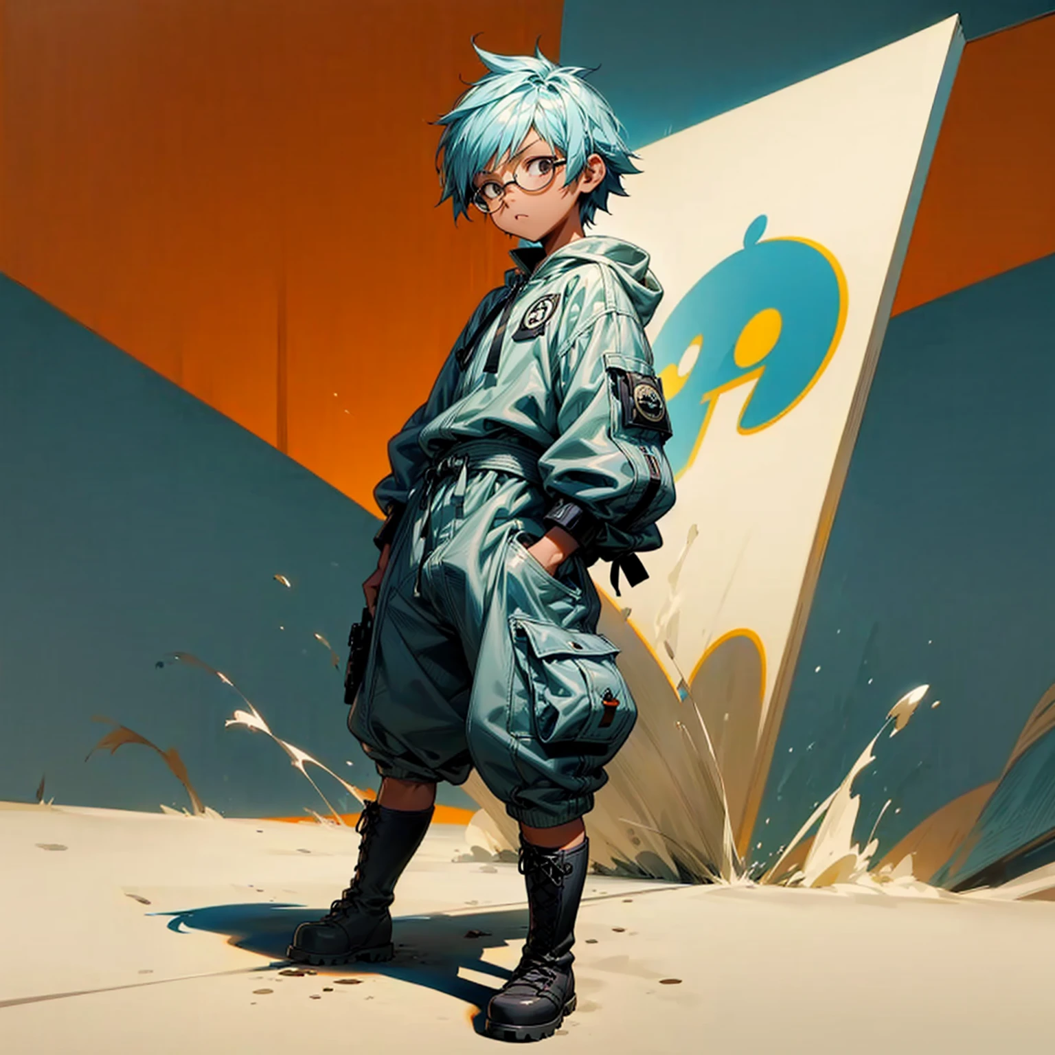 1**********, Full body version, 1character, black eyes color, tan skin, shortcut hairstyle, light blue colour hair, Glasses, streetwear style clothing, boots, Grassroots background in field city, motion blur, shadow, (one piece style art)