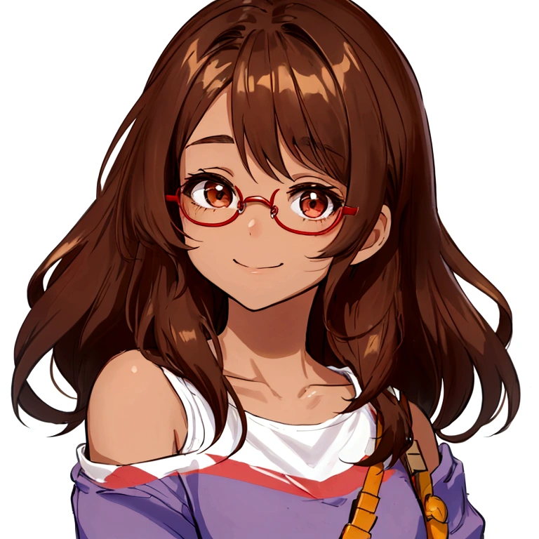 A young girl with glasses and short, flowing brown hair and Brown skin. She is wearing a red shirt and white shorts. She is standing in front of a black background. Her hair is long and loose to her shoulders. She has brown eyes and red glasses. She has a thin, friendly smile.