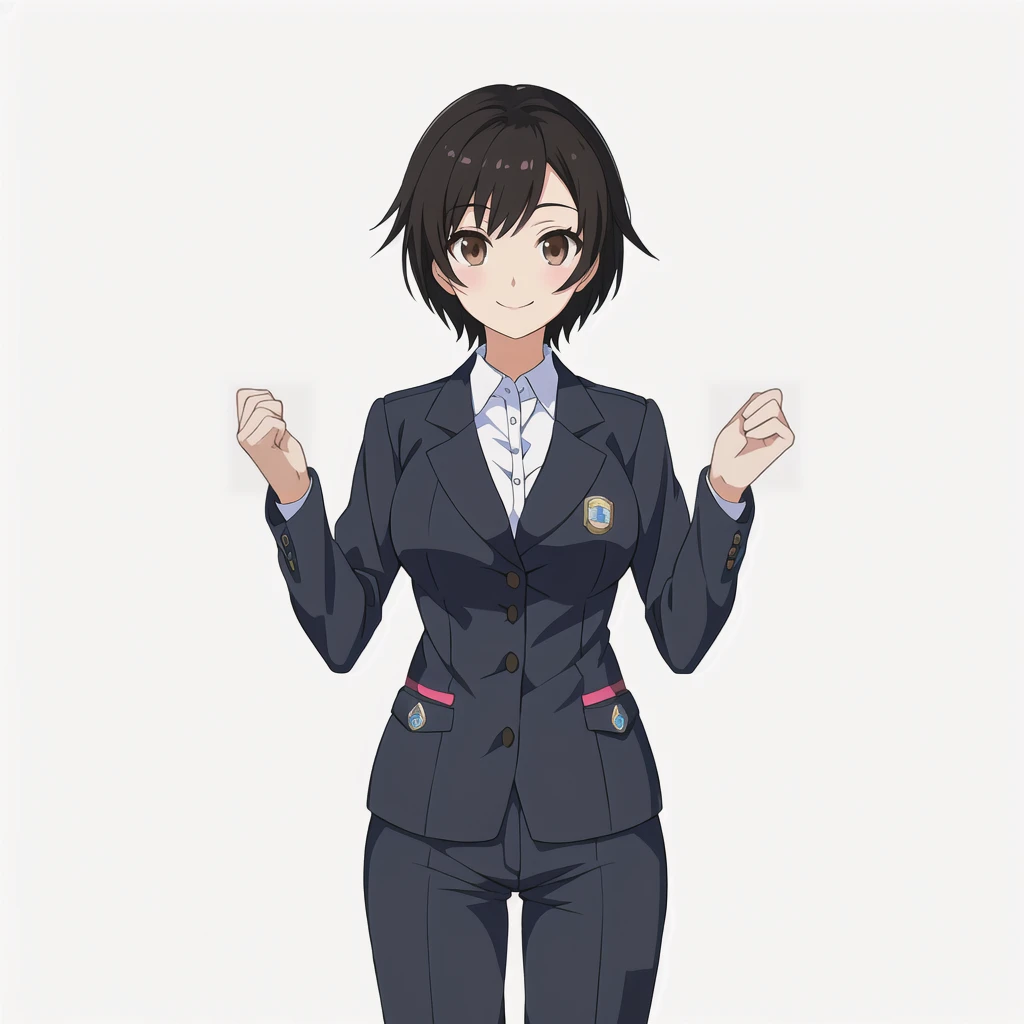 Highest quality, high resolution, High quality anime art style, Official Art, Smooth anime CG art, Stylized anime, Visual Novel Sprites, White background, whole body, Anime-style 3D, Smooth anime CG art, humanoid woman, JRPG Characters, policewoman, Policewoman, Anime woman in a gray suit, Guts pose, smile, Brown eyes, Black Hair, short hair, Age 25,